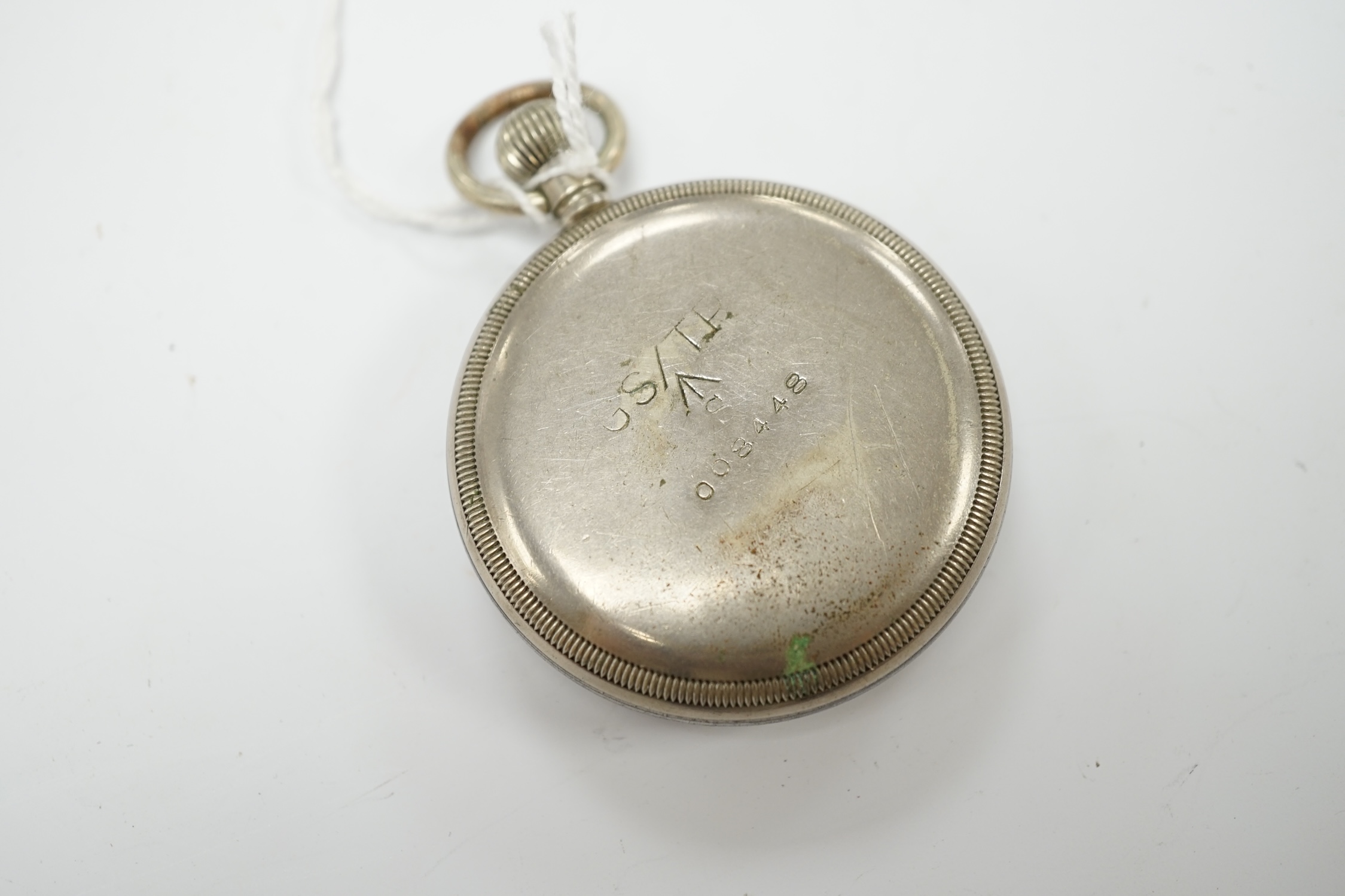 A military issue Swiss pocket watch, stamped to the reverse; GS/TP S 008448 with broad arrow.